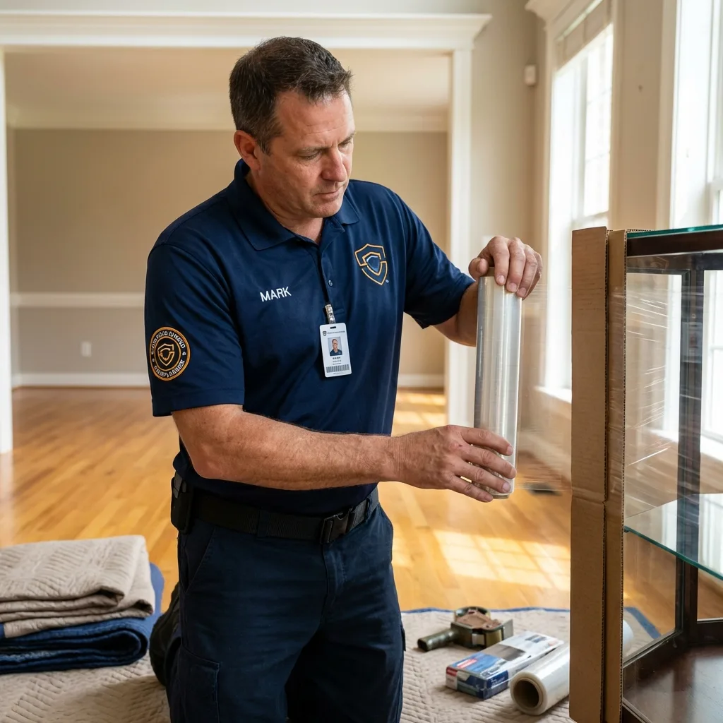 Mover wrapping a glass-front cabinet corner with heavy cardboard protectors and industrial stretch wrap