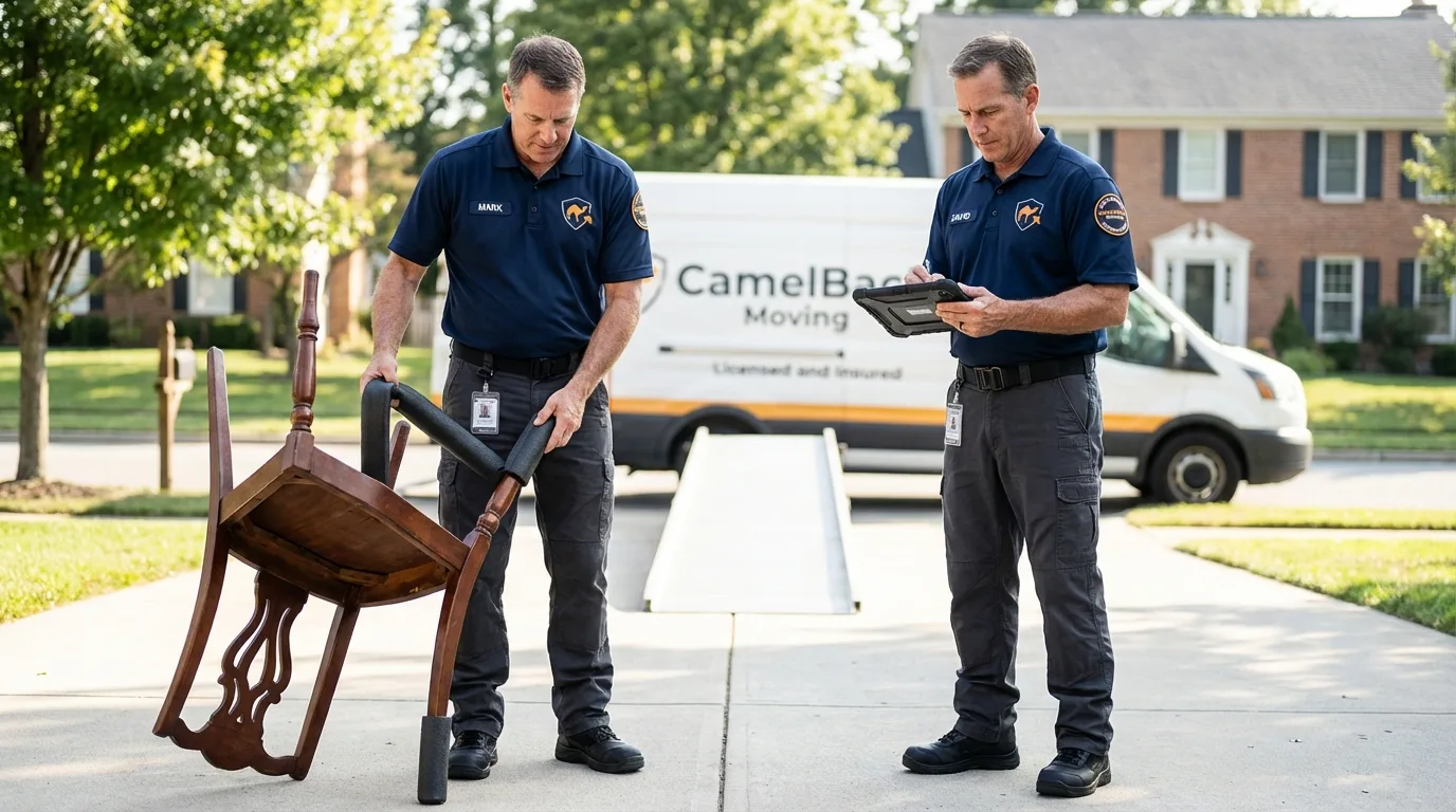 Movers inspecting furniture for damage prevention before loading in Medina, WA