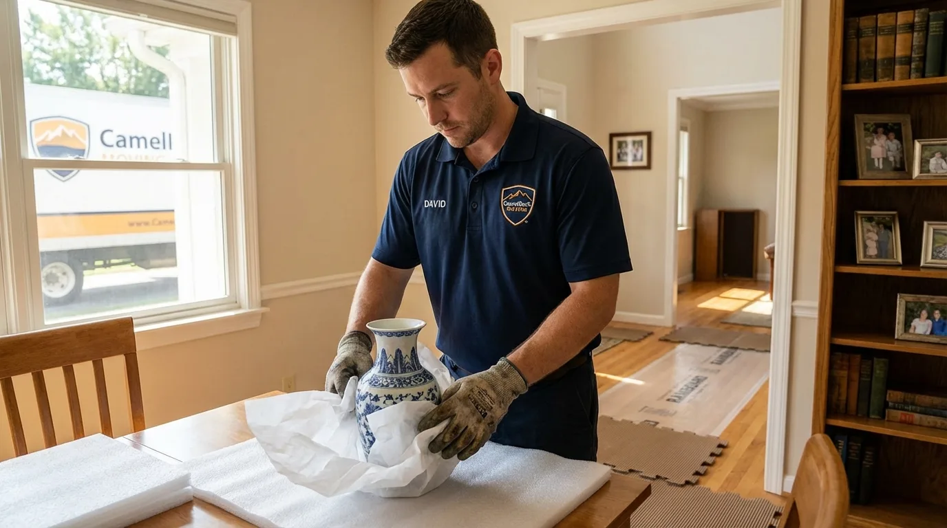 Professional crew carefully wrapping antique vase for senior downsizing move in Medina, WA