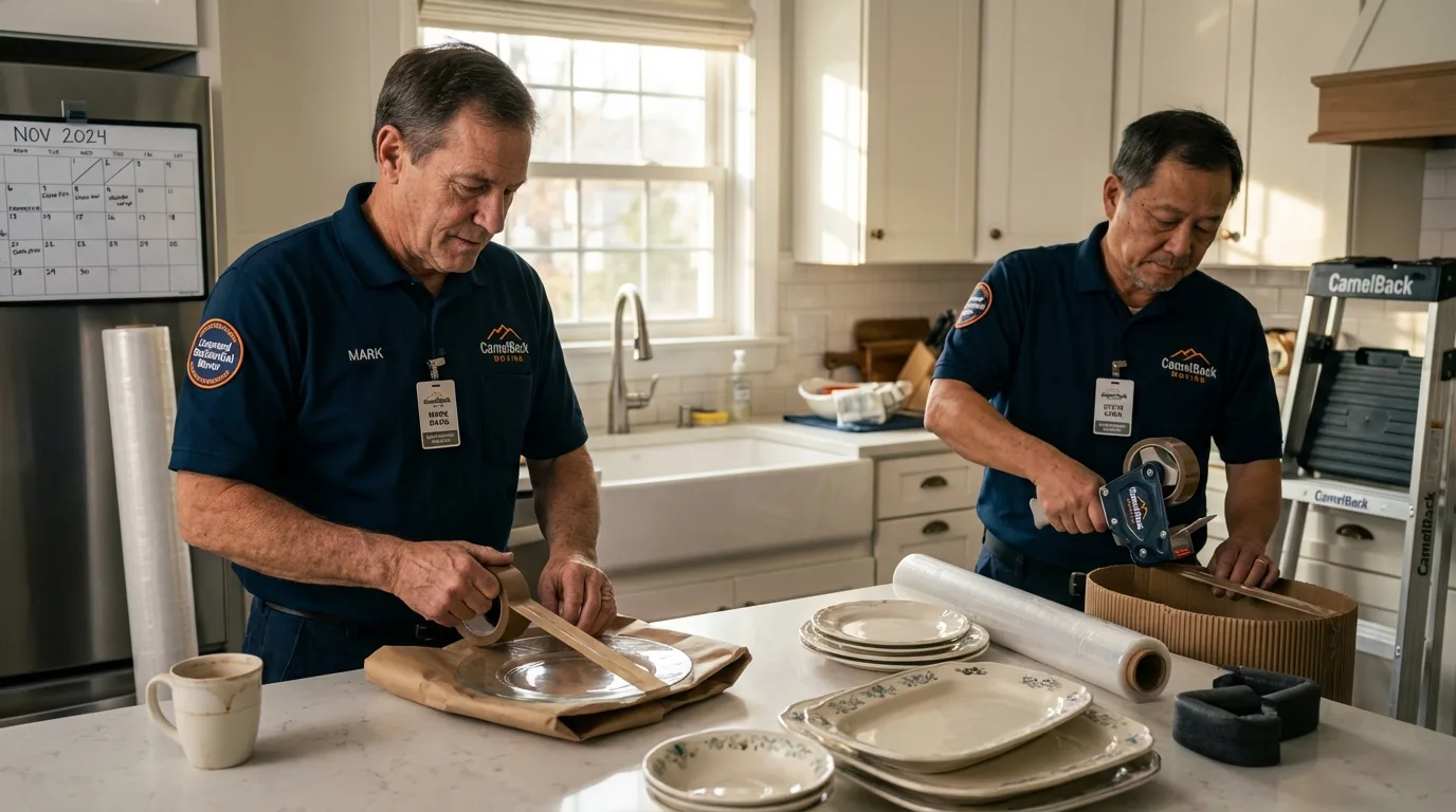 Professional crew packing kitchen dishware in Medina, WA